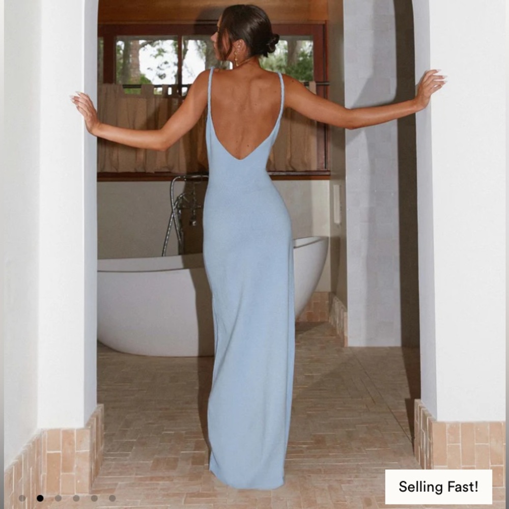 PEPPER MAYO NWT ANASTASSIA BABY BLUE KNIT STRETCHY Backless Slip Dress SZ S/M